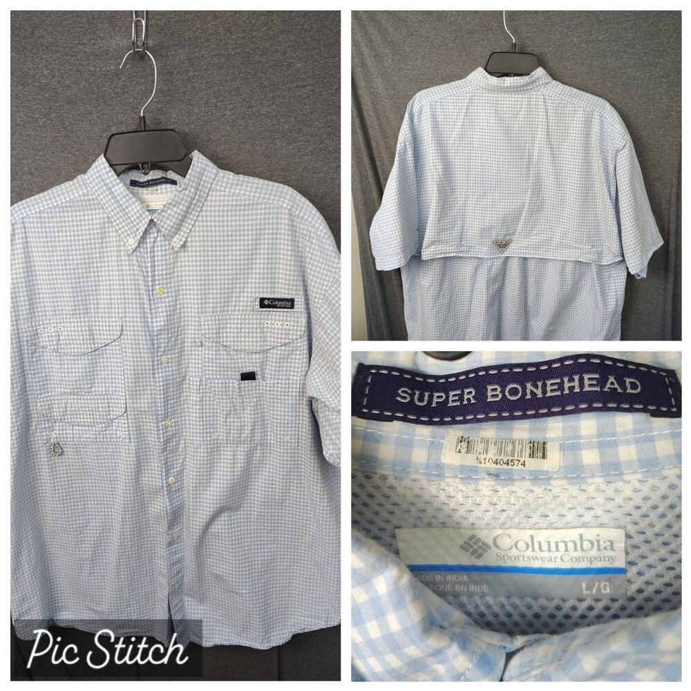 Columbia PFG Shirt Super Bonehead Vented Fishing Aqua Gingham Check Men’s Large